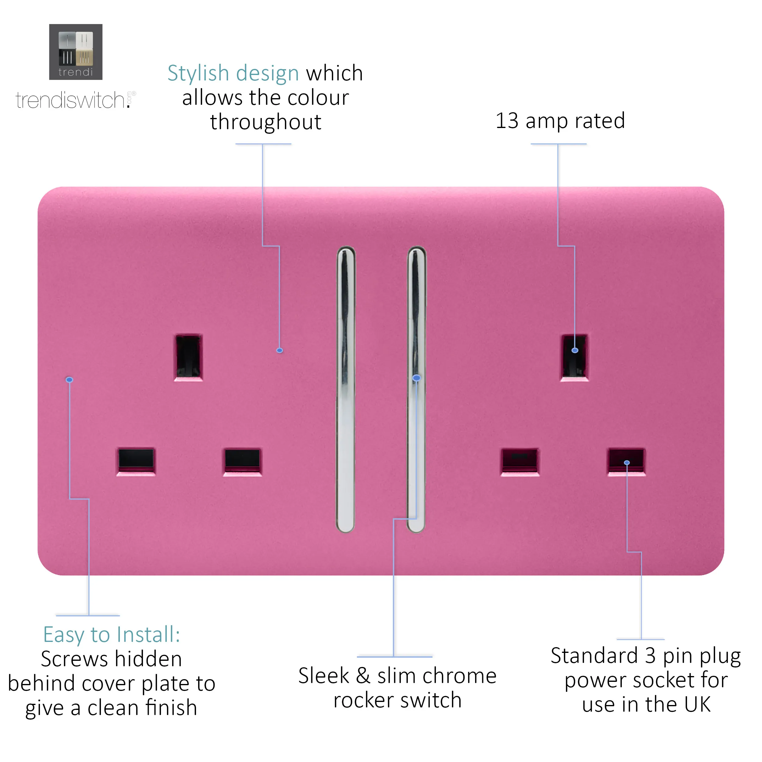 2 Gang 13Amp Long Switched Double Socket Pink ART-SKT213LPK  Trendi Pink